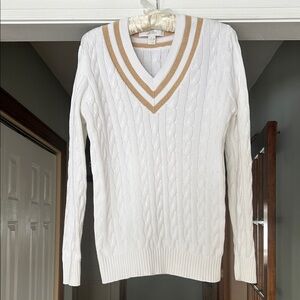 Lilly Pulitzer White Cotton V Neck Tennis Sweater Size S Gold Stripe